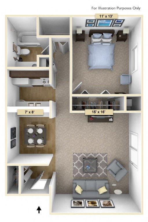 Floor plan for 1 bed, 1 bath, 725 sqft